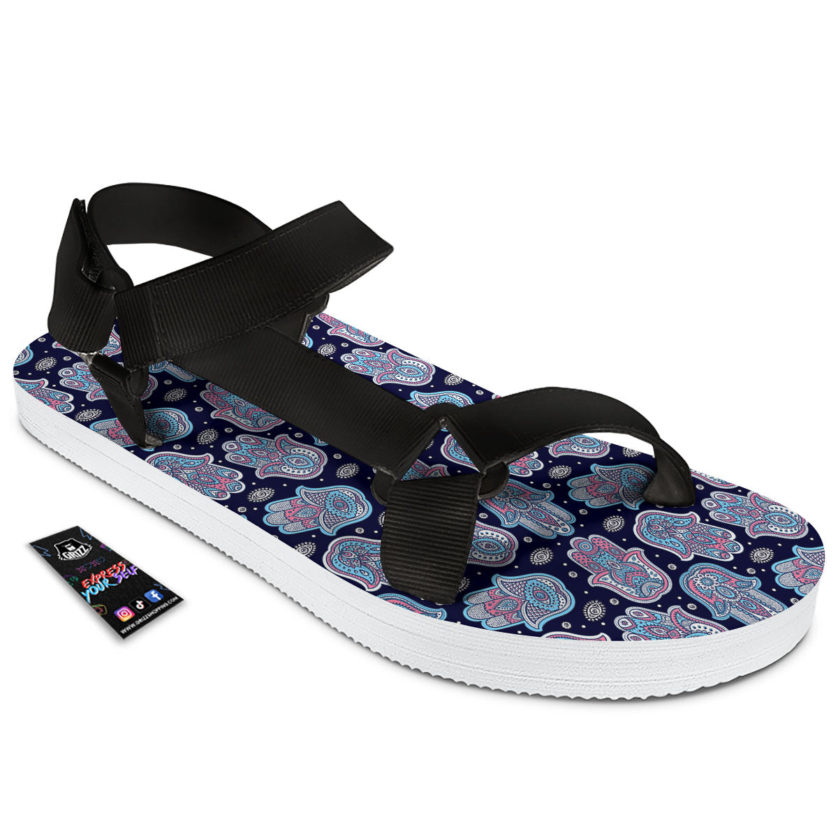 Hamsa Boho Print Pattern Black Open Toe Sandals-grizzshop