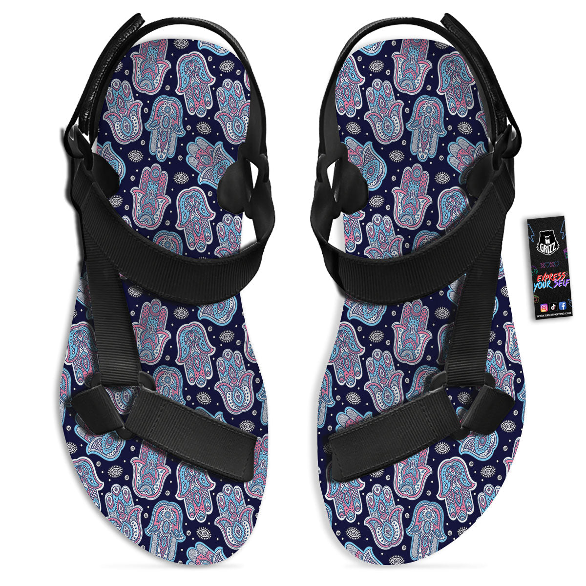 Hamsa Boho Print Pattern Black Open Toe Sandals-grizzshop