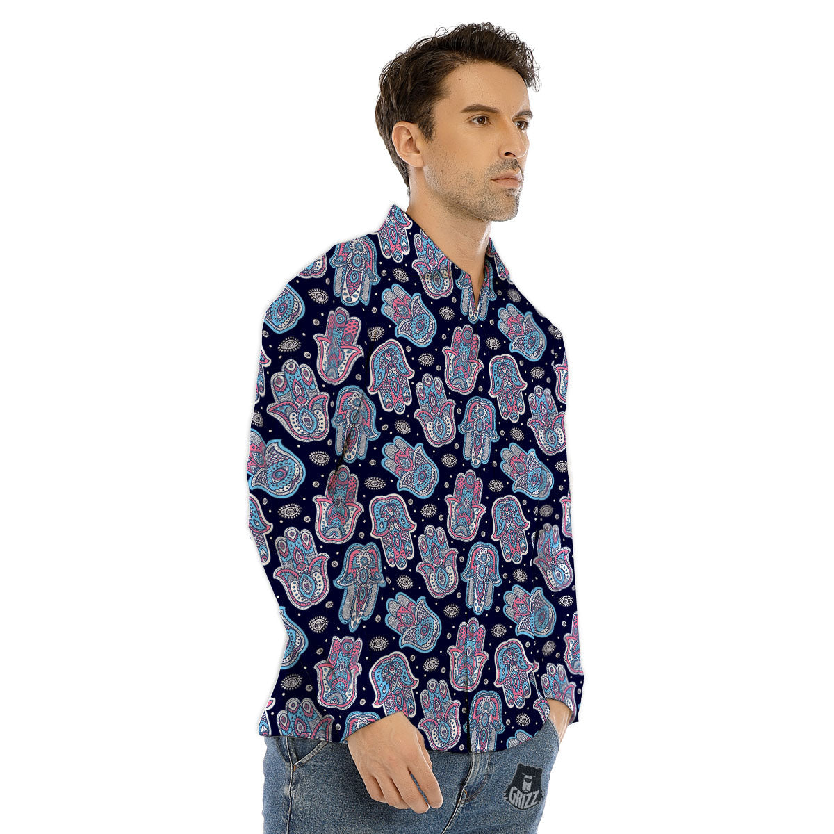 Hamsa Boho Print Pattern Men's Dress Shirts-grizzshop