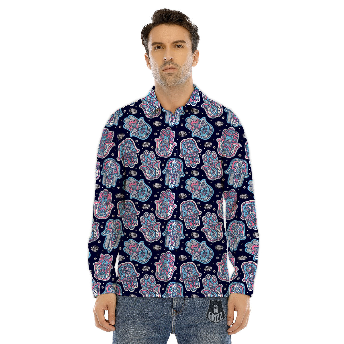Hamsa Boho Print Pattern Men's Dress Shirts-grizzshop