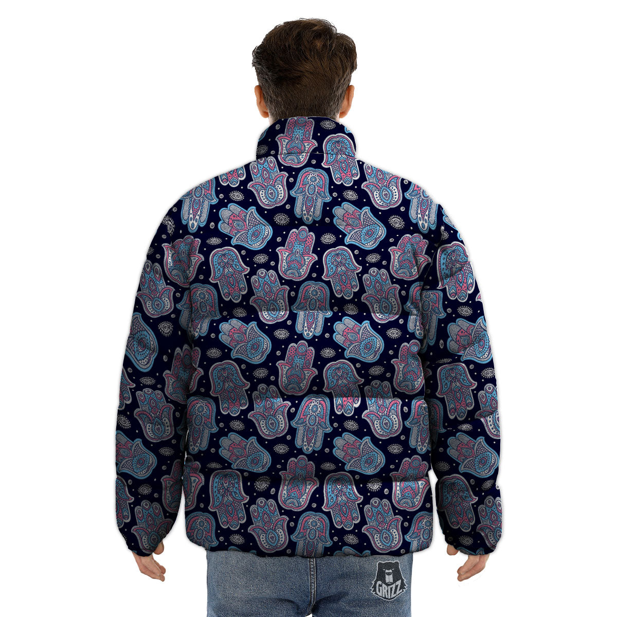 Hamsa Boho Print Pattern Puffer Jacket-grizzshop