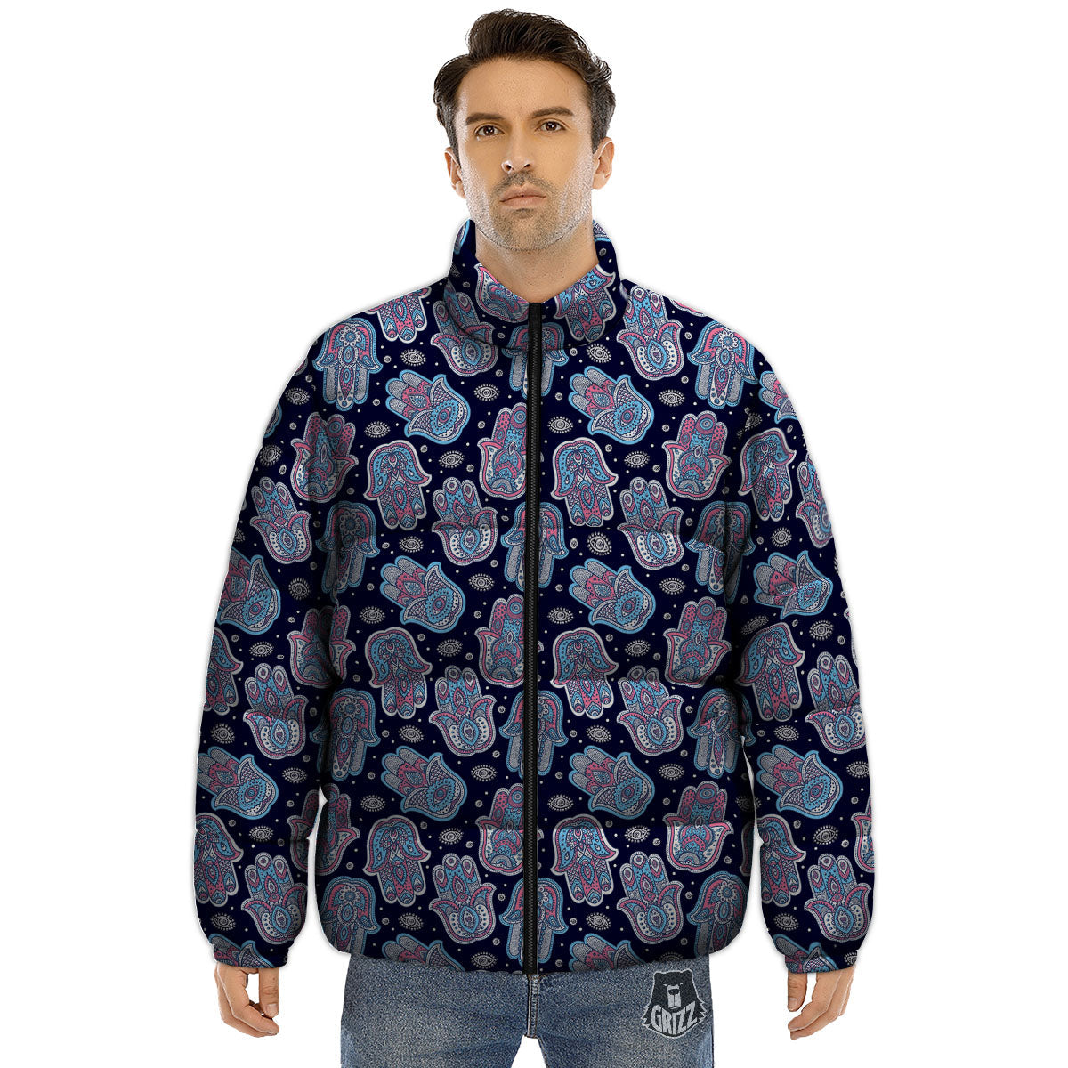 Hamsa Boho Print Pattern Puffer Jacket-grizzshop