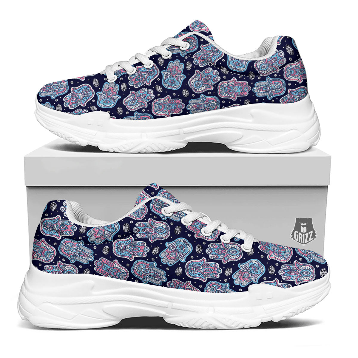 Hamsa Boho Print Pattern White Chunky Shoes-grizzshop
