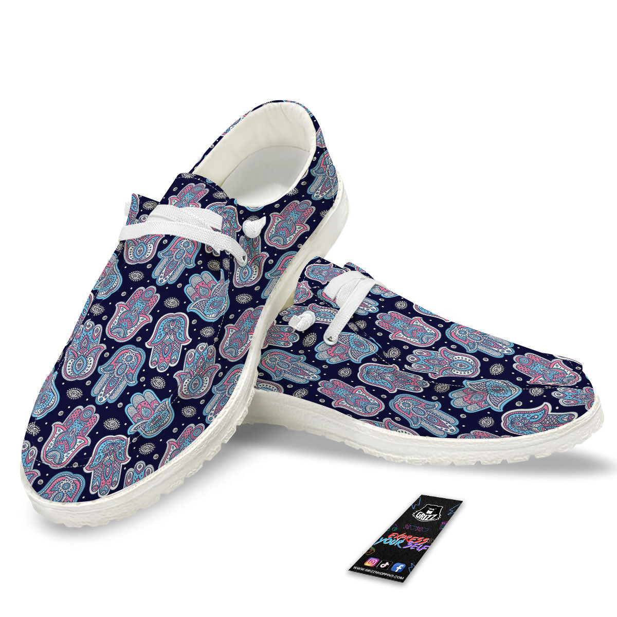 Hamsa Boho Print Pattern White Loafers-grizzshop