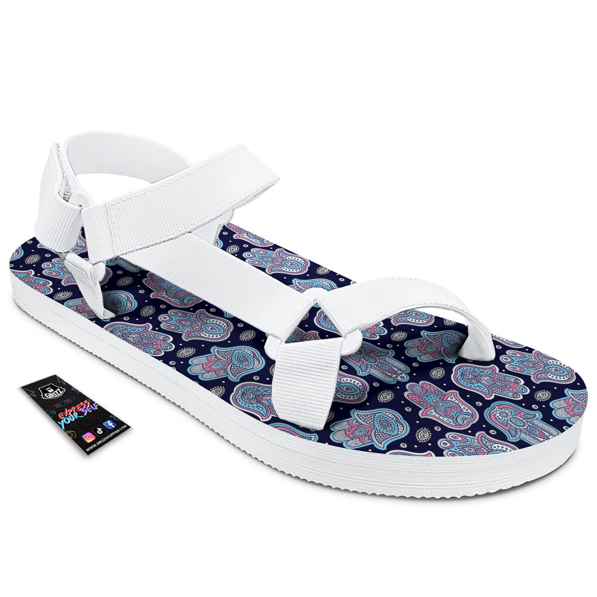 Hamsa Boho Print Pattern White Open Toe Sandals-grizzshop