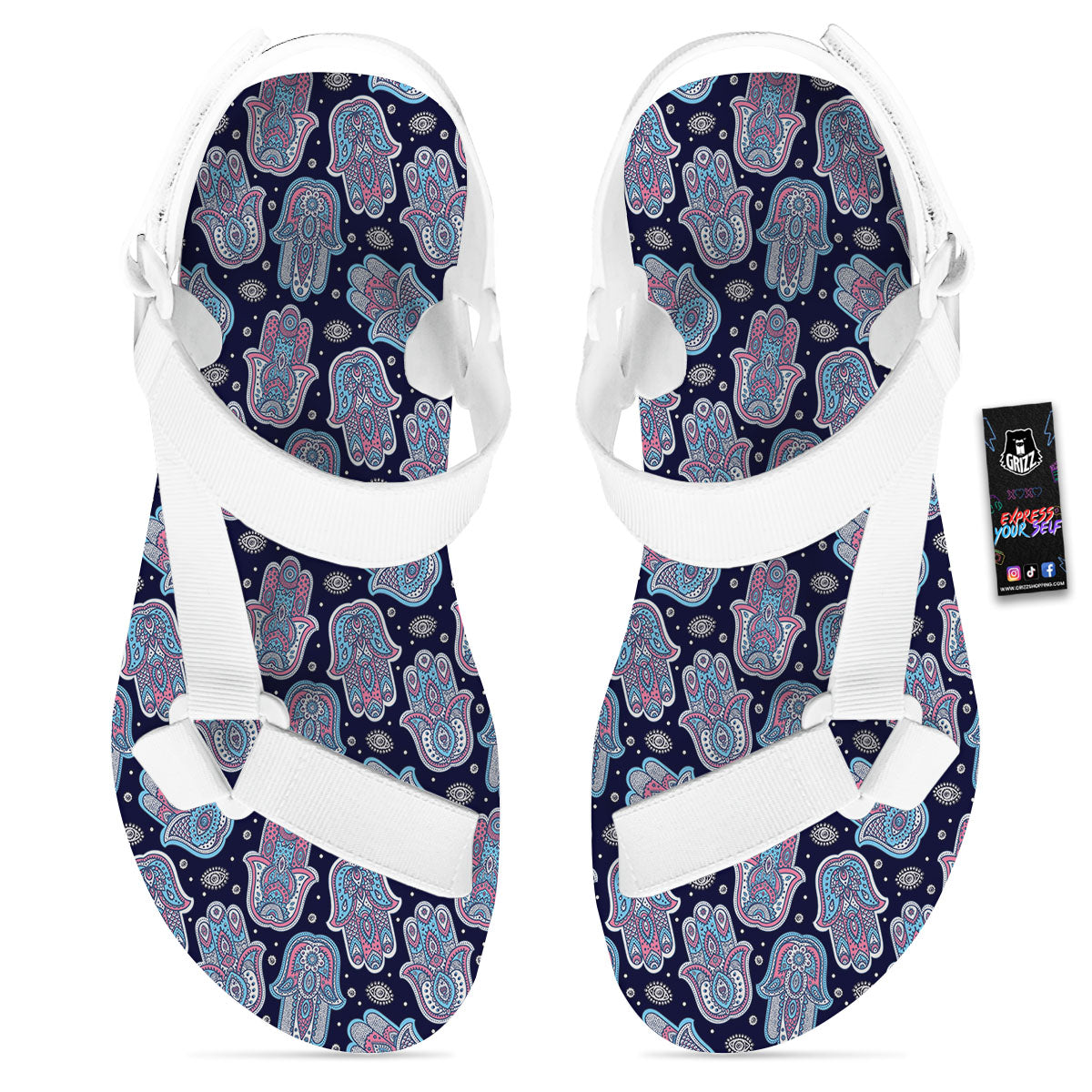 Hamsa Boho Print Pattern White Open Toe Sandals-grizzshop
