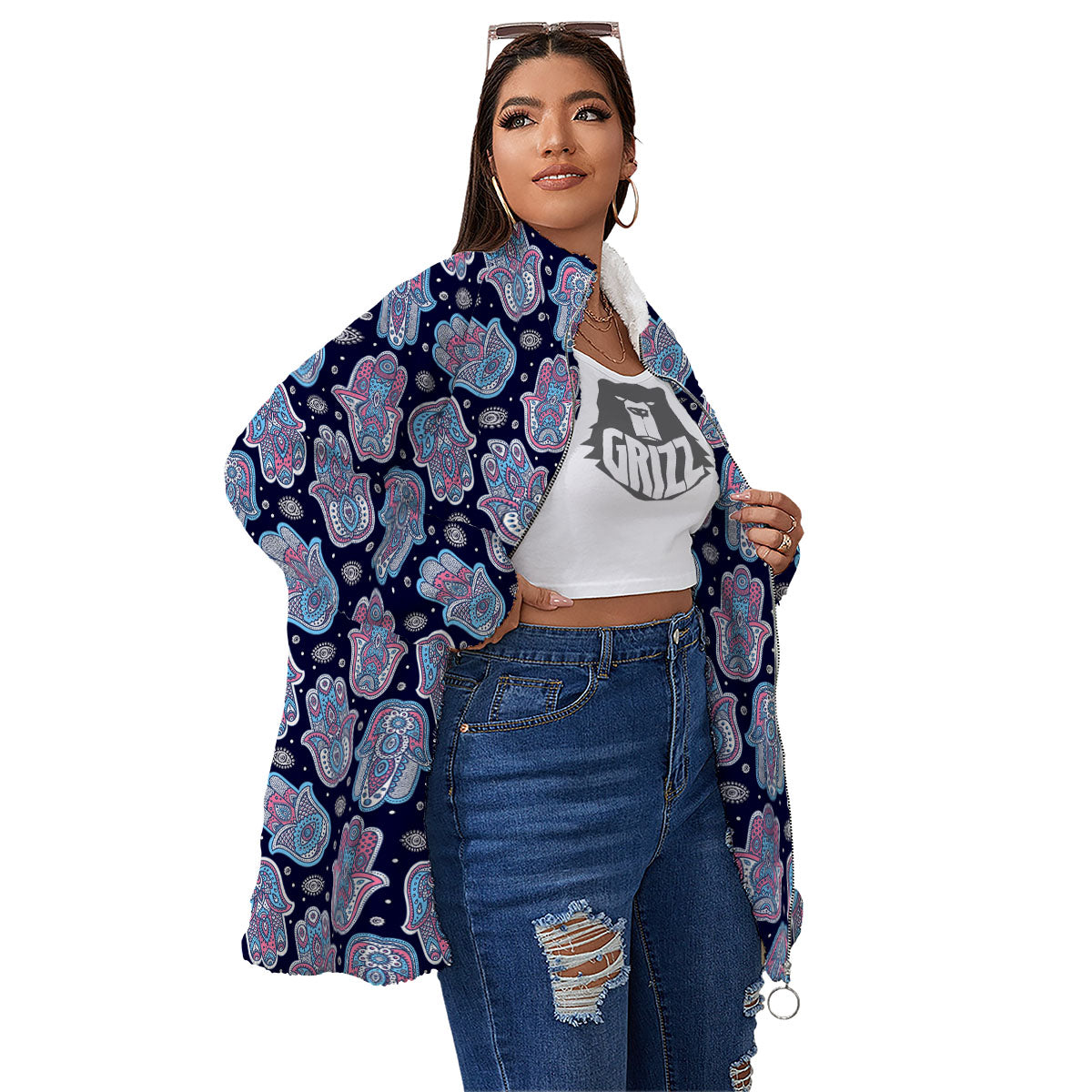 Hamsa Boho Print Pattern Women's Sherpa Jacket-grizzshop