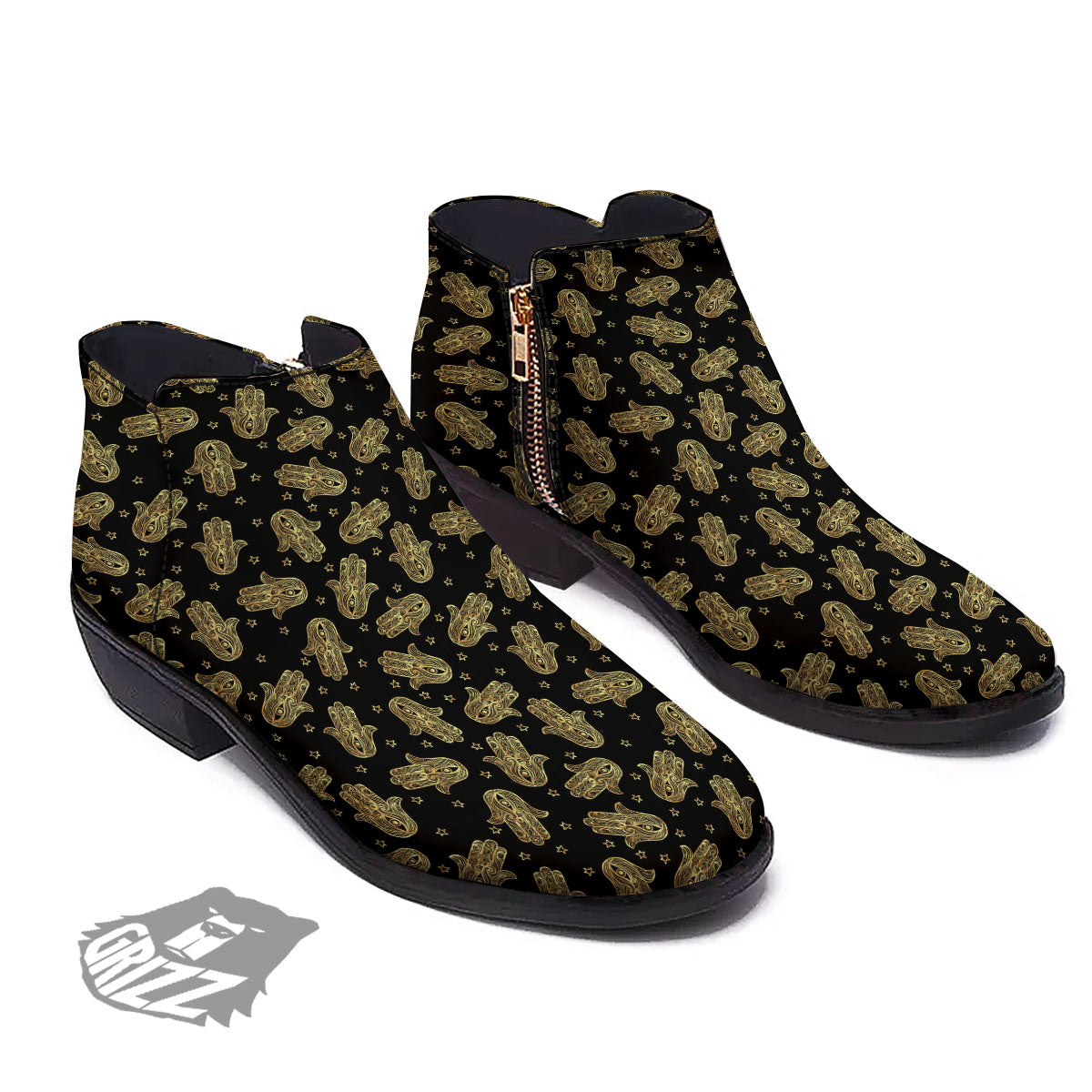 Hamsa Gold Print Pattern Ankle Boots-grizzshop