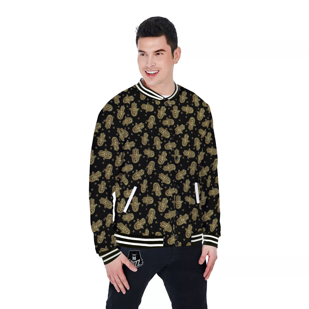 Hamsa Gold Print Pattern Baseball Jacket-grizzshop