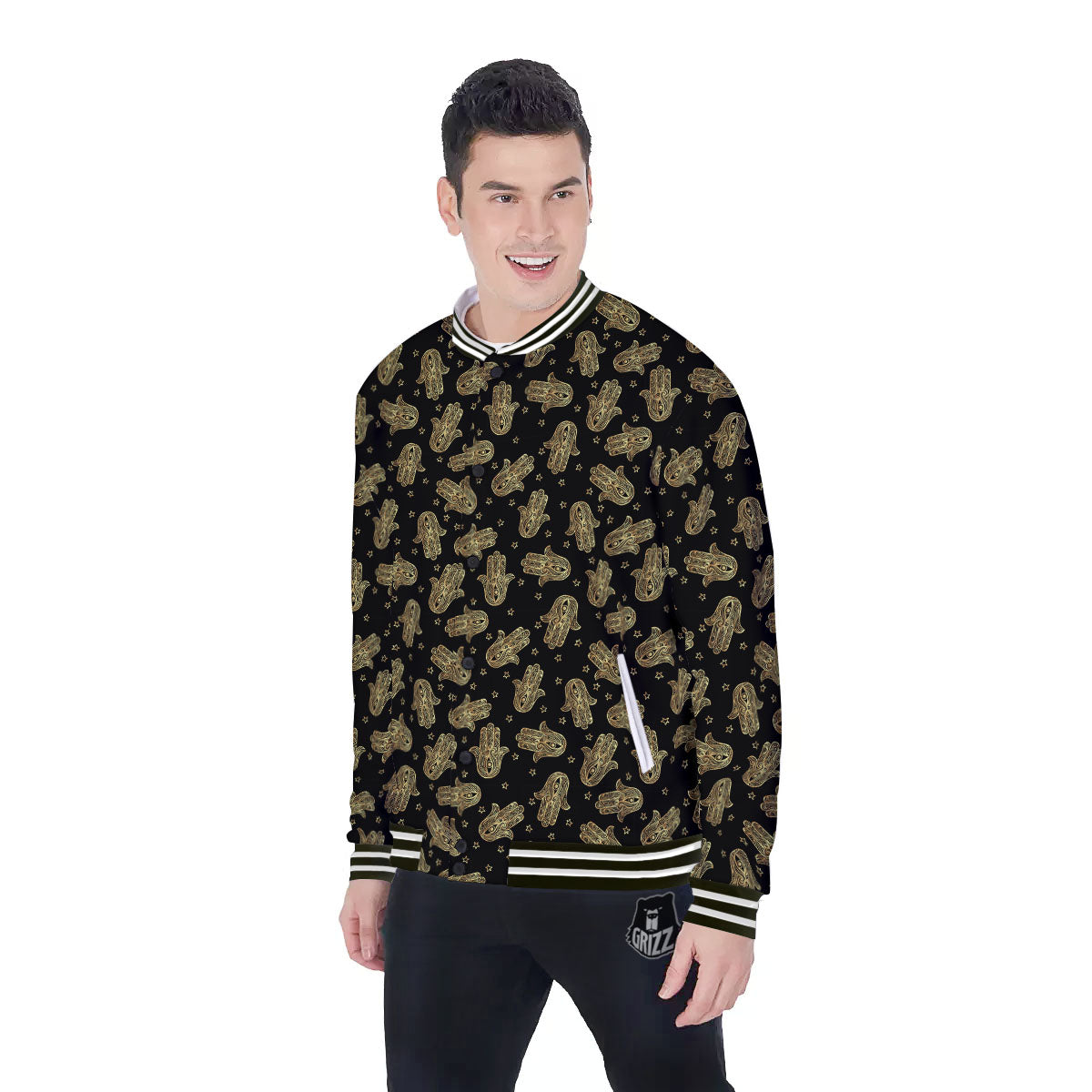 Hamsa Gold Print Pattern Baseball Jacket-grizzshop