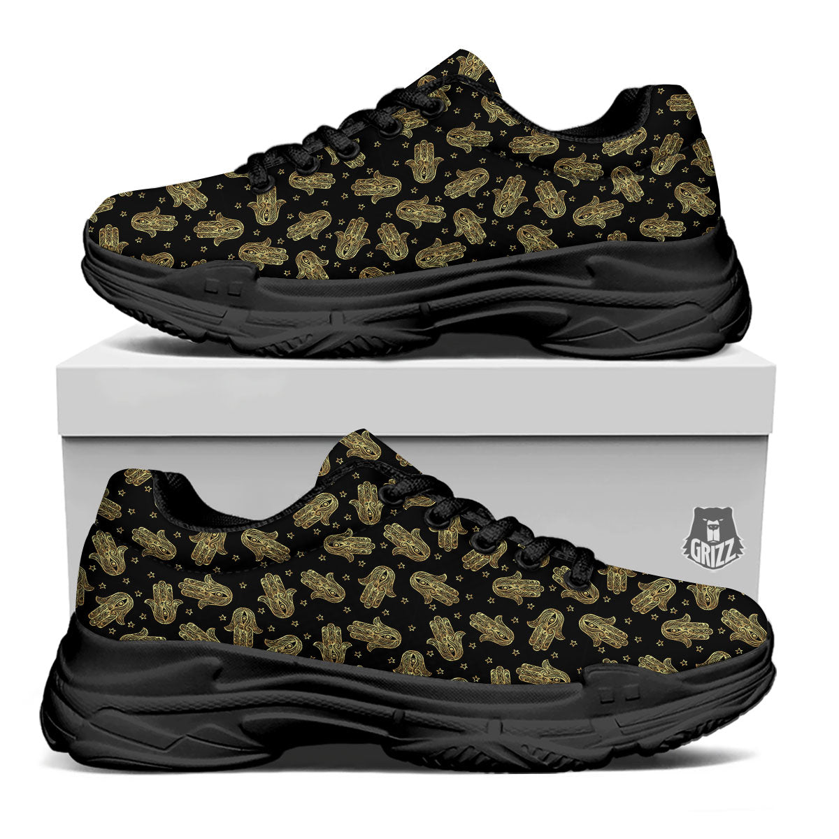 Hamsa Gold Print Pattern Black Chunky Shoes-grizzshop