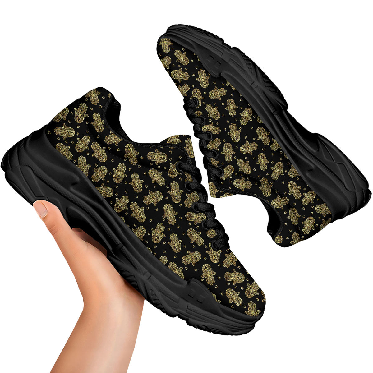 Hamsa Gold Print Pattern Black Chunky Shoes-grizzshop
