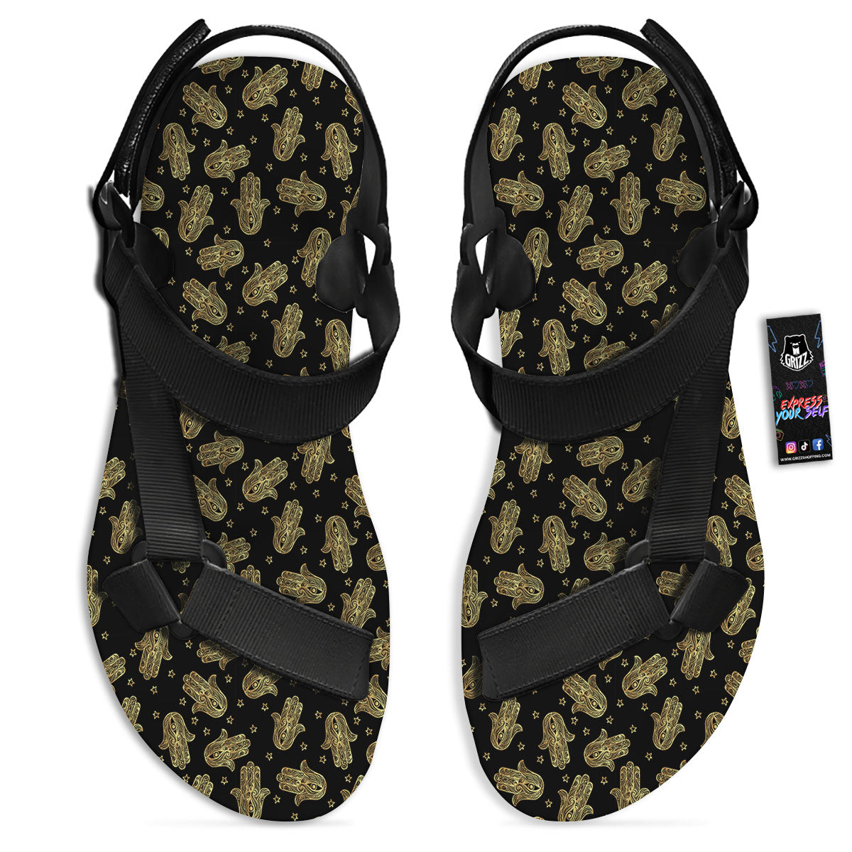 Hamsa Gold Print Pattern Black Open Toe Sandals-grizzshop