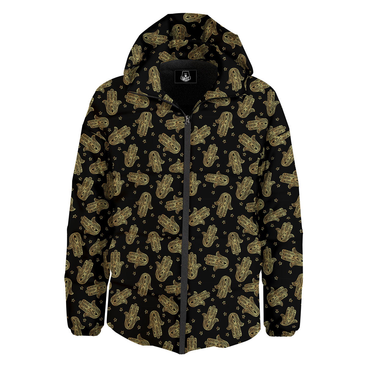 Hamsa Gold Print Pattern Down Jacket-grizzshop