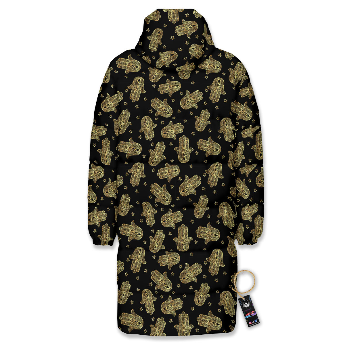 Hamsa Gold Print Pattern Long Down Jacket-grizzshop