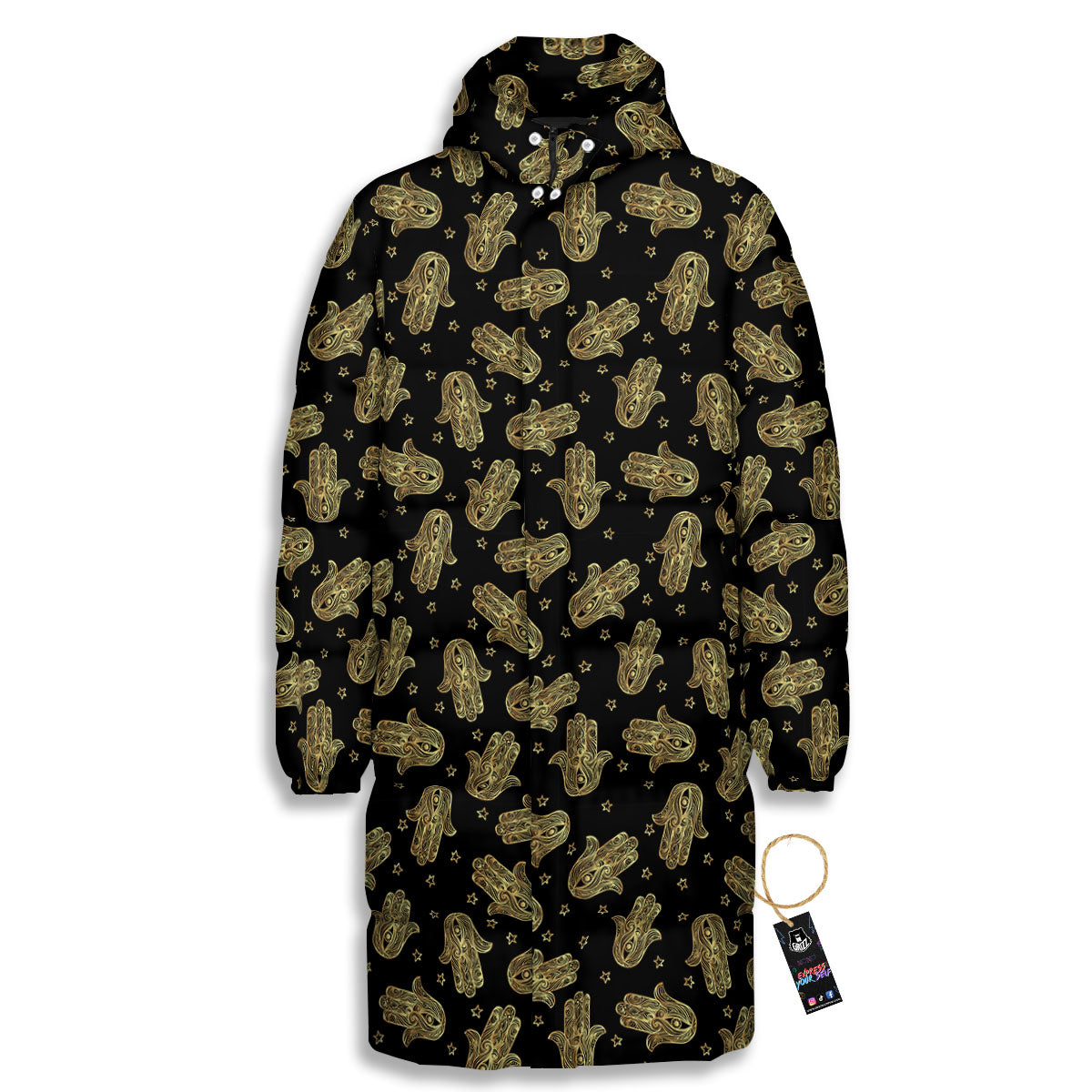 Hamsa Gold Print Pattern Long Down Jacket-grizzshop