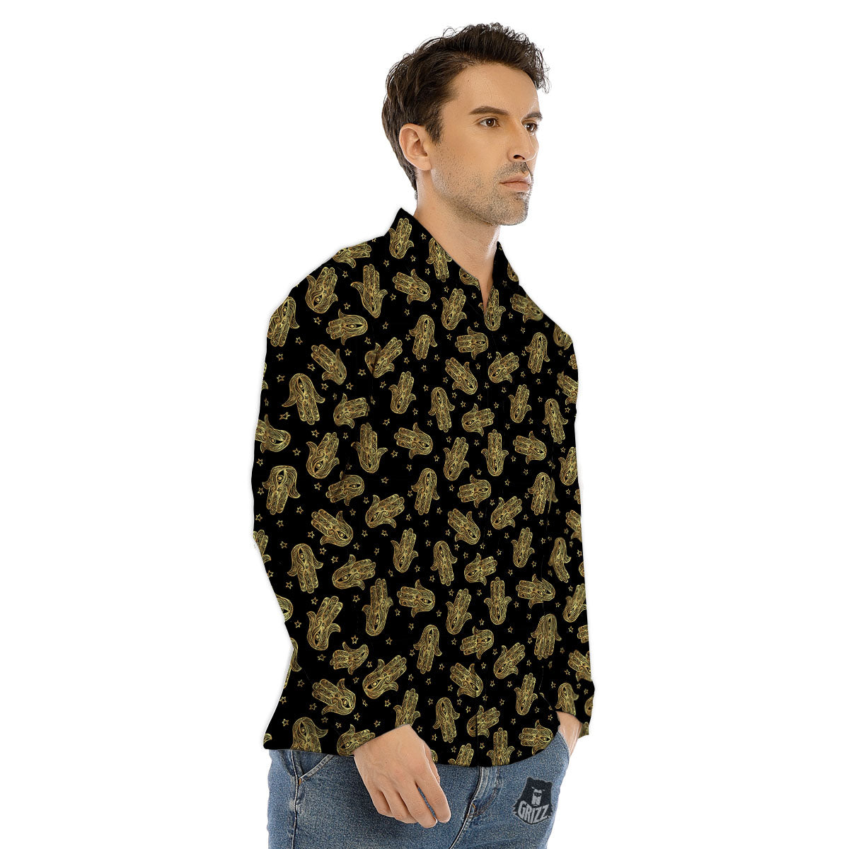 Hamsa Gold Print Pattern Men's Dress Shirts-grizzshop