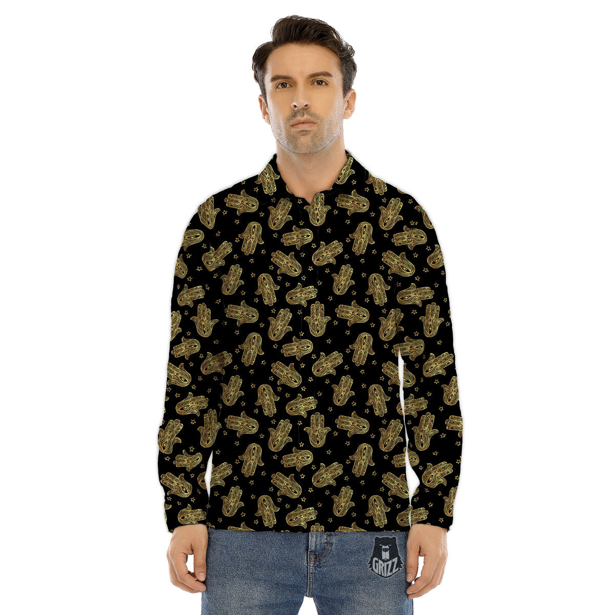Hamsa Gold Print Pattern Men's Dress Shirts-grizzshop