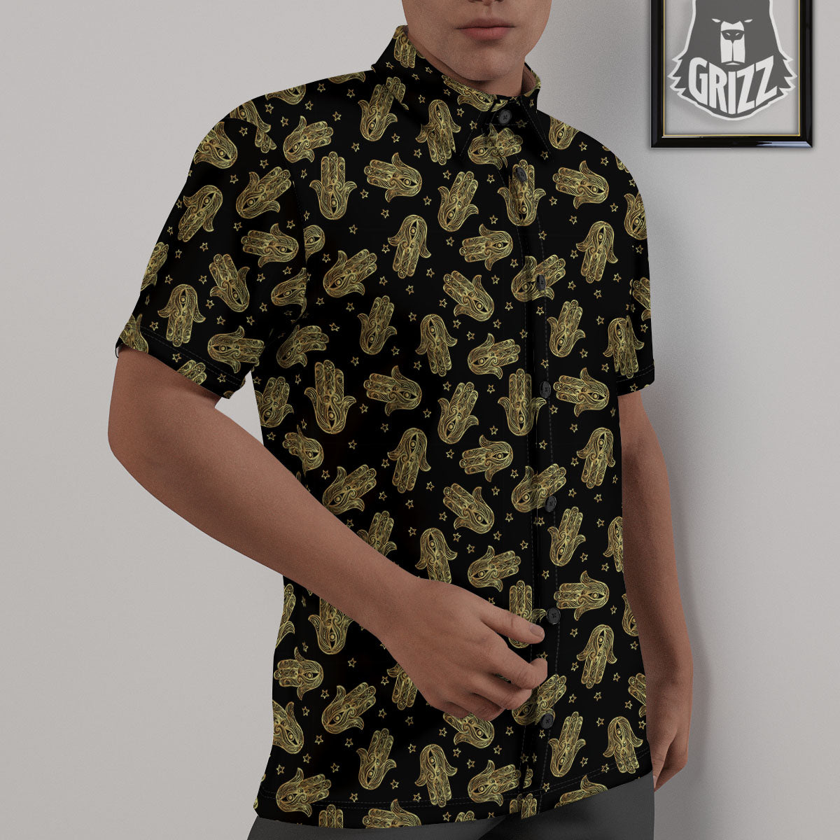 Hamsa Gold Print Pattern Untucked Shirts-grizzshop
