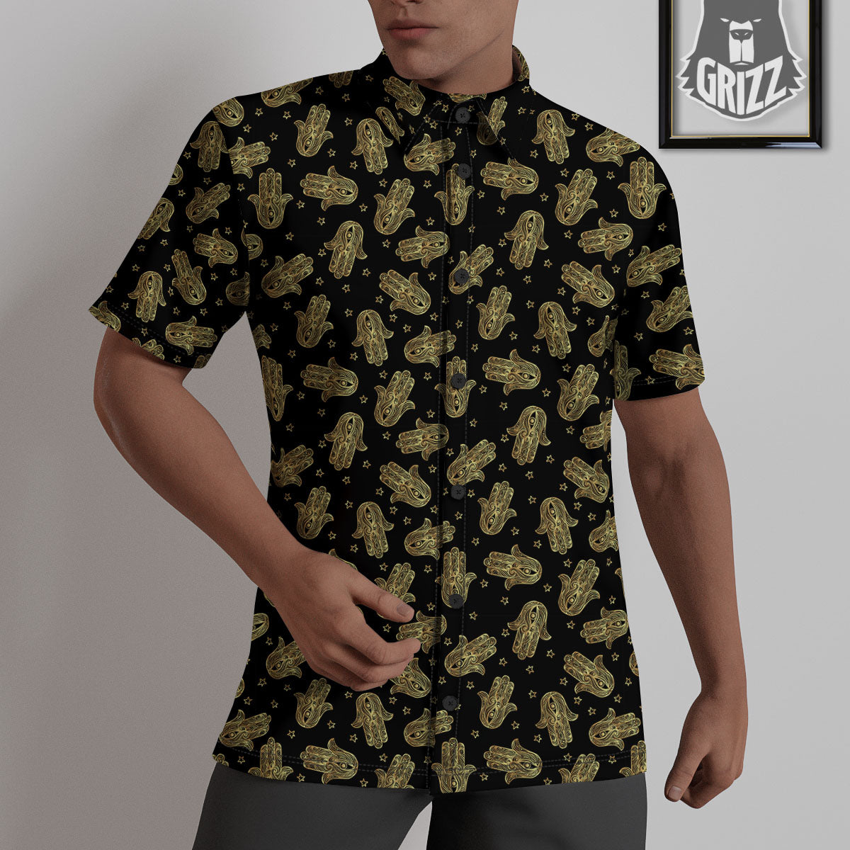 Hamsa Gold Print Pattern Untucked Shirts-grizzshop