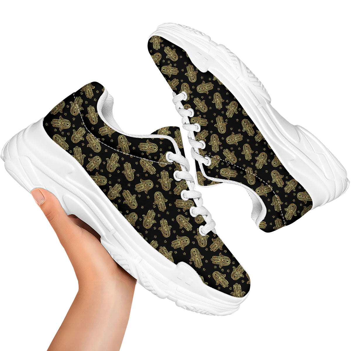 Hamsa Gold Print Pattern White Chunky Shoes-grizzshop
