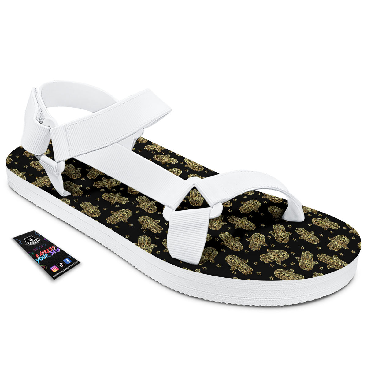 Hamsa Gold Print Pattern White Open Toe Sandals-grizzshop