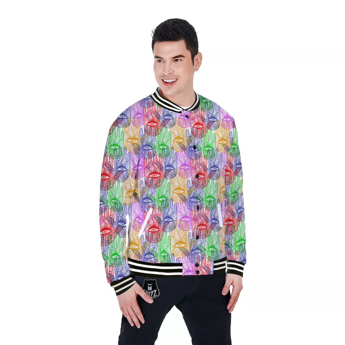 Hamsa Hand Colorful Print Baseball Jacket-grizzshop