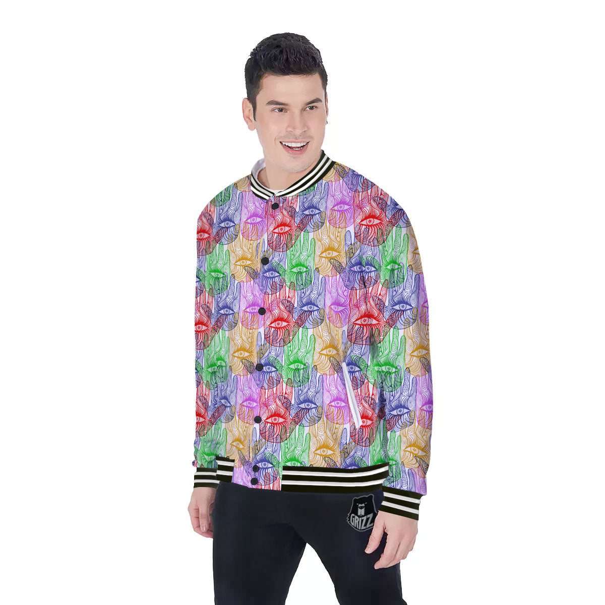 Hamsa Hand Colorful Print Baseball Jacket-grizzshop