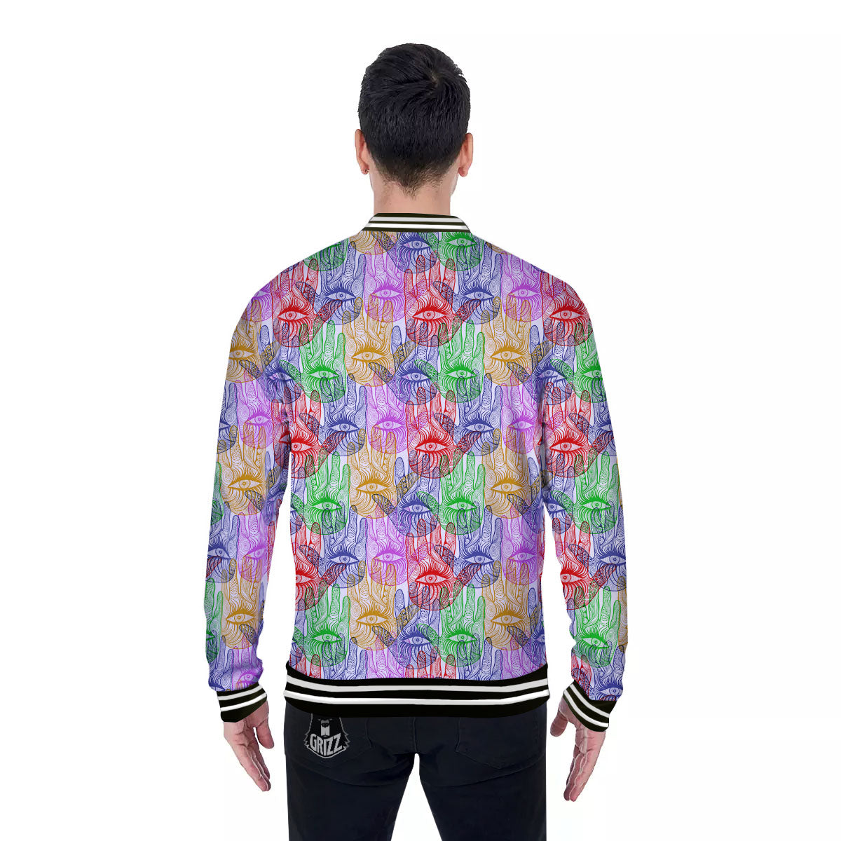 Hamsa Hand Colorful Print Baseball Jacket-grizzshop