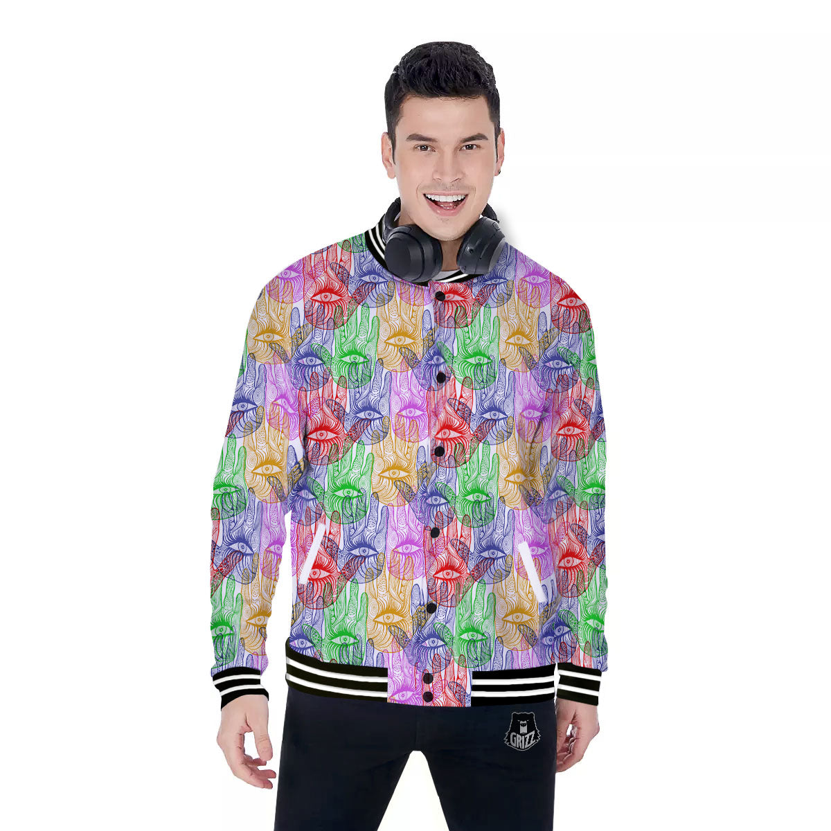 Hamsa Hand Colorful Print Baseball Jacket-grizzshop