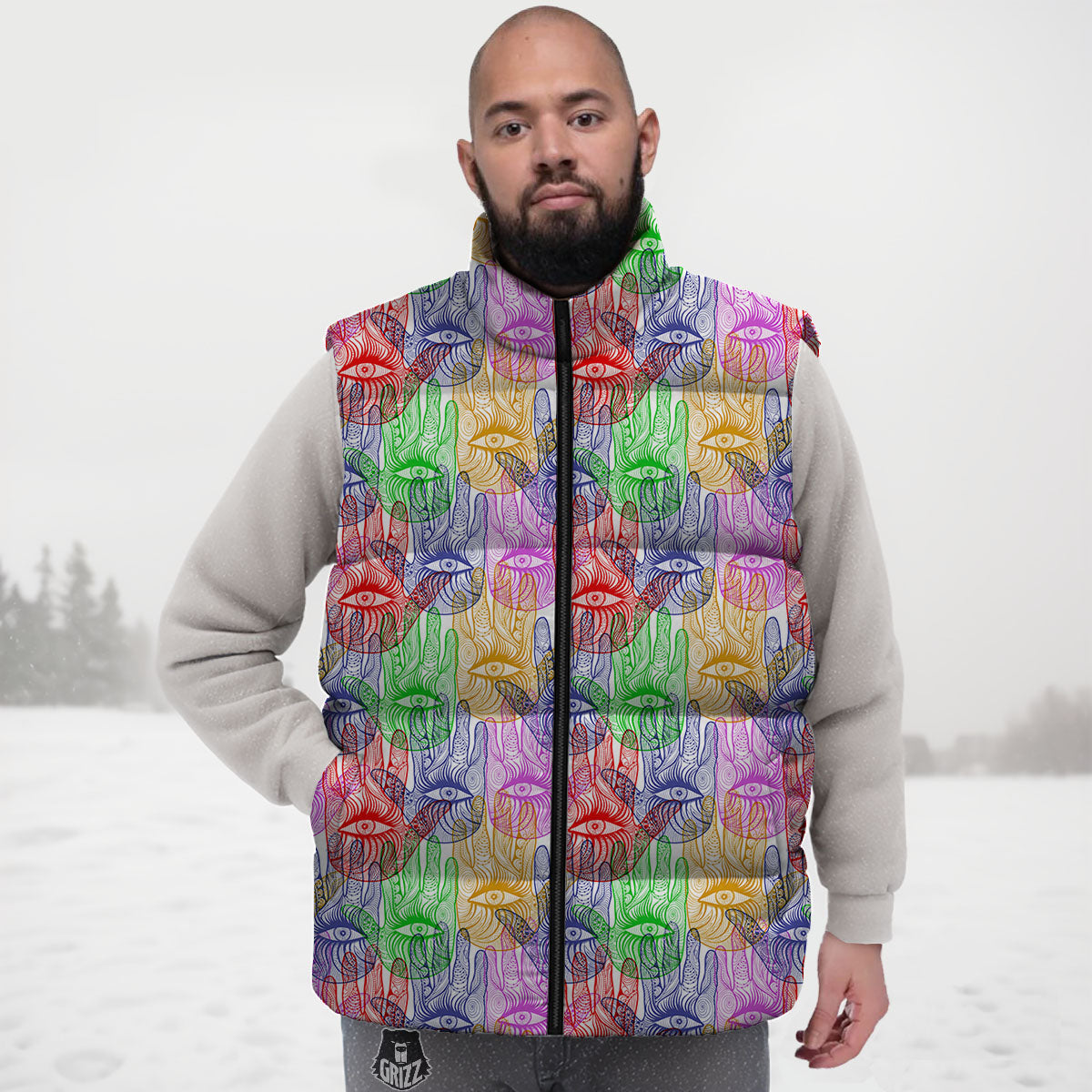 Hamsa Hand Colorful Print Down Vest