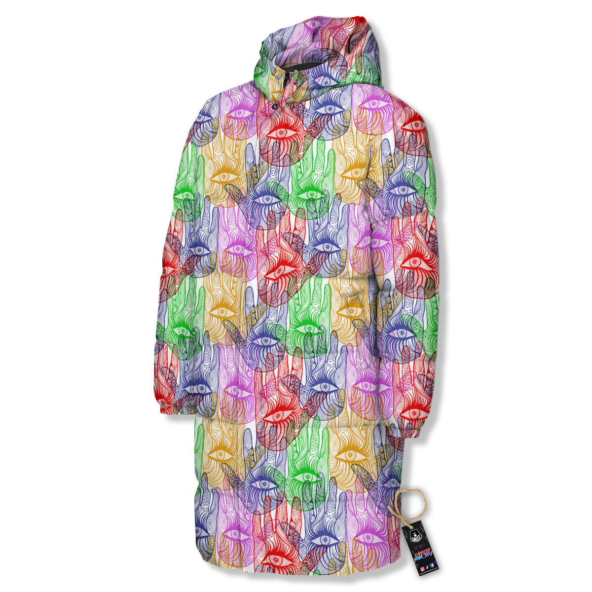 Hamsa Hand Colorful Print Long Down Jacket-grizzshop