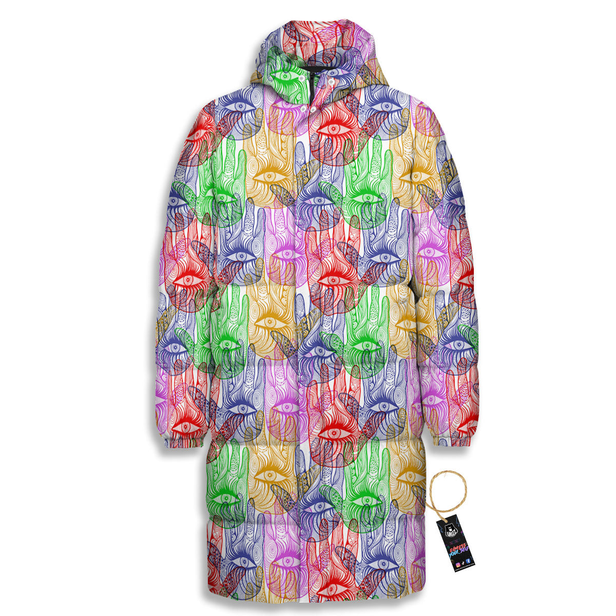 Hamsa Hand Colorful Print Long Down Jacket-grizzshop