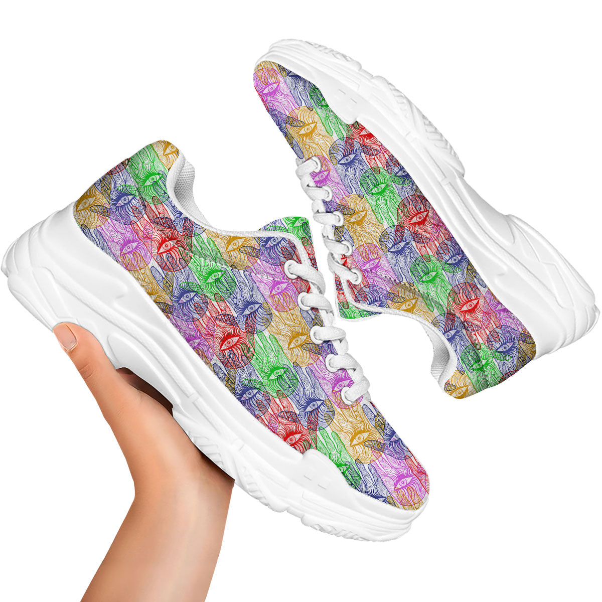 Hamsa Hand Colorful Print White Chunky Shoes-grizzshop