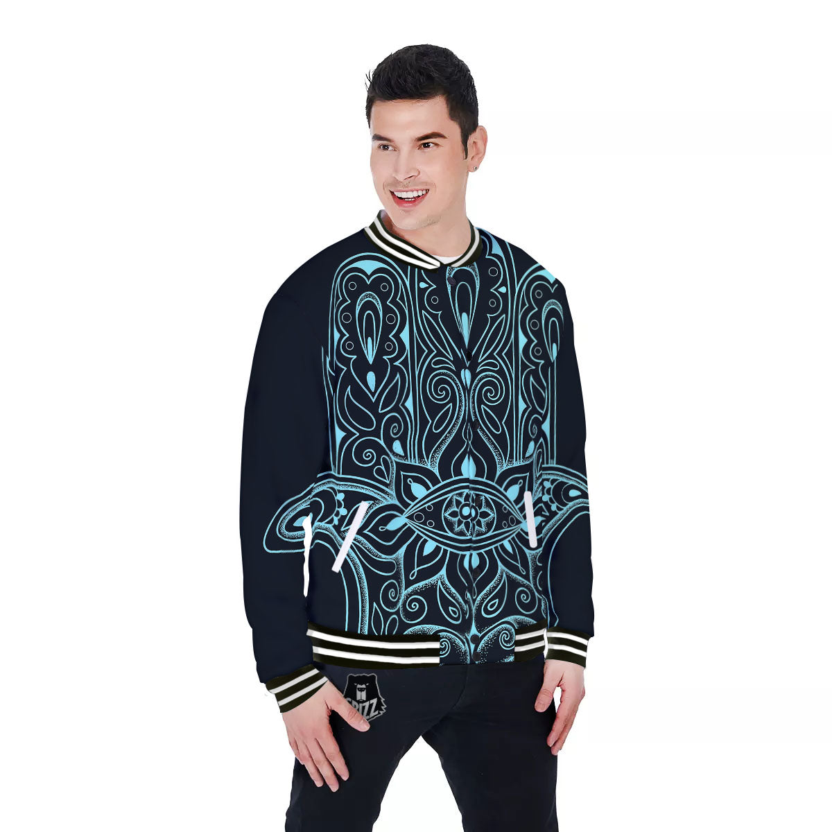 Hamsa Hand Fatima Spirital Print Baseball Jacket-grizzshop