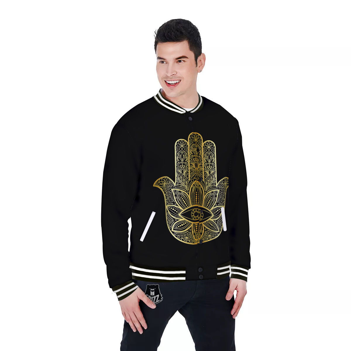 Hamsa Hand Gold Print Baseball Jacket-grizzshop