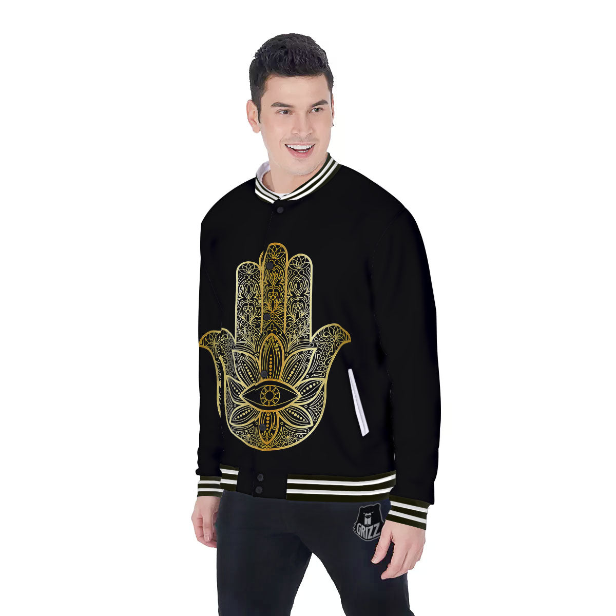 Hamsa Hand Gold Print Baseball Jacket-grizzshop