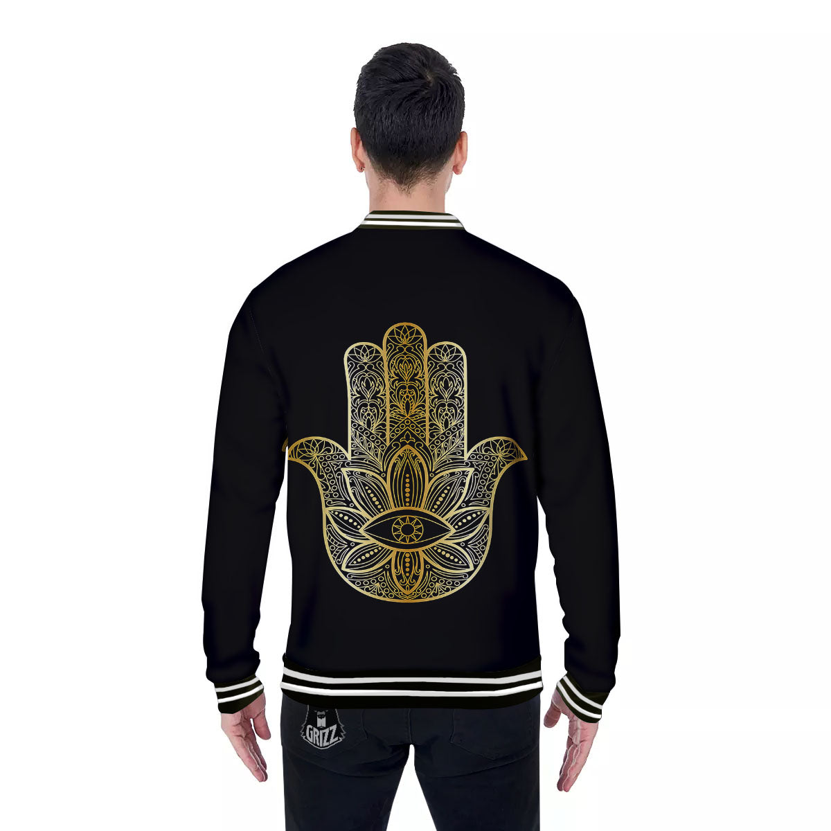 Hamsa Hand Gold Print Baseball Jacket-grizzshop
