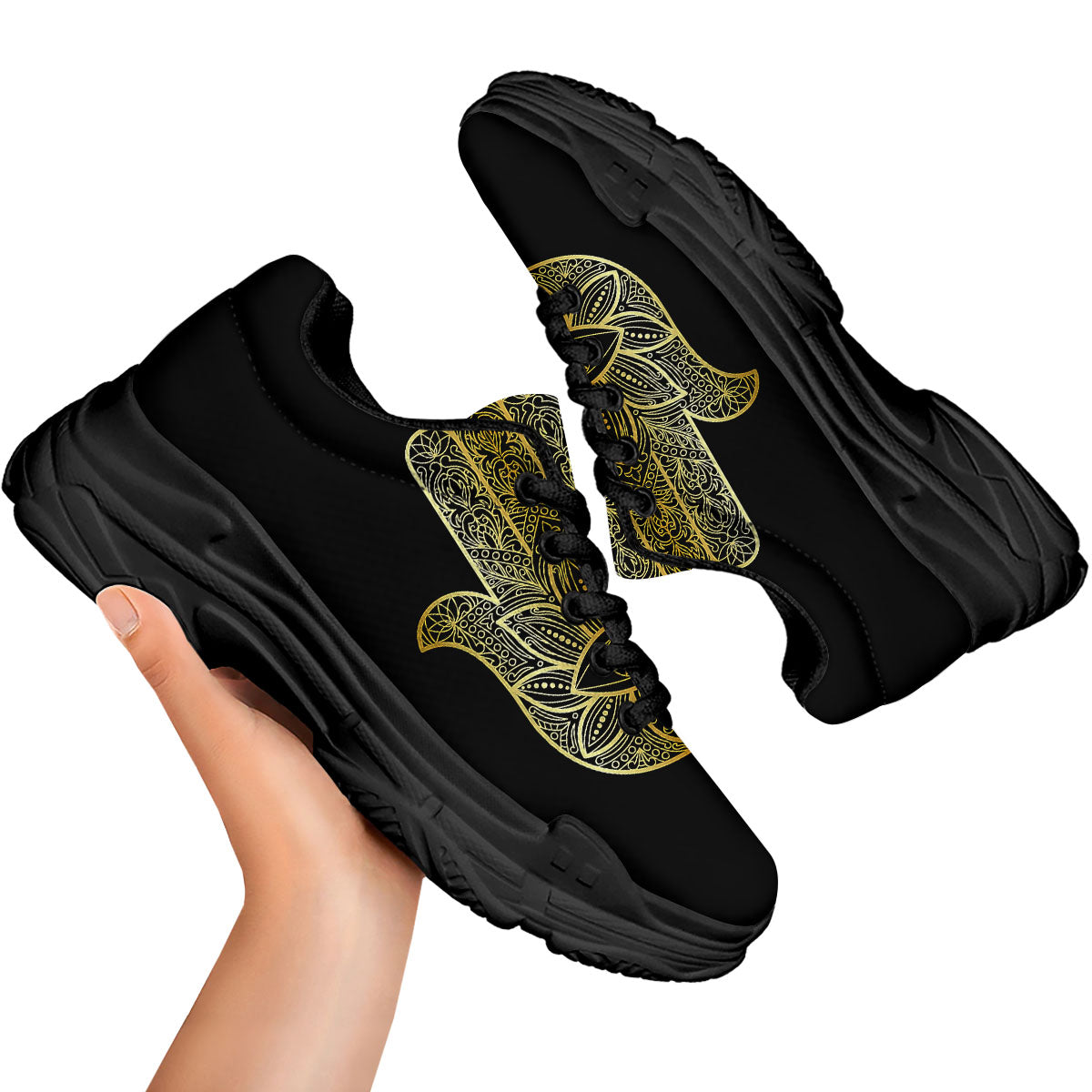 Hamsa Hand Gold Print Black Chunky Shoes-grizzshop
