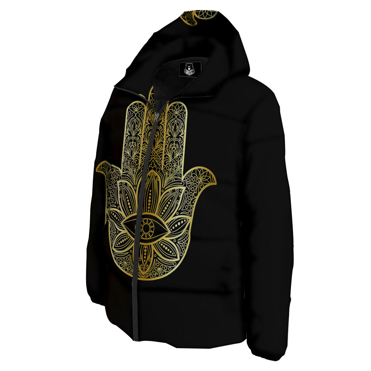 Hamsa Hand Gold Print Down Jacket-grizzshop