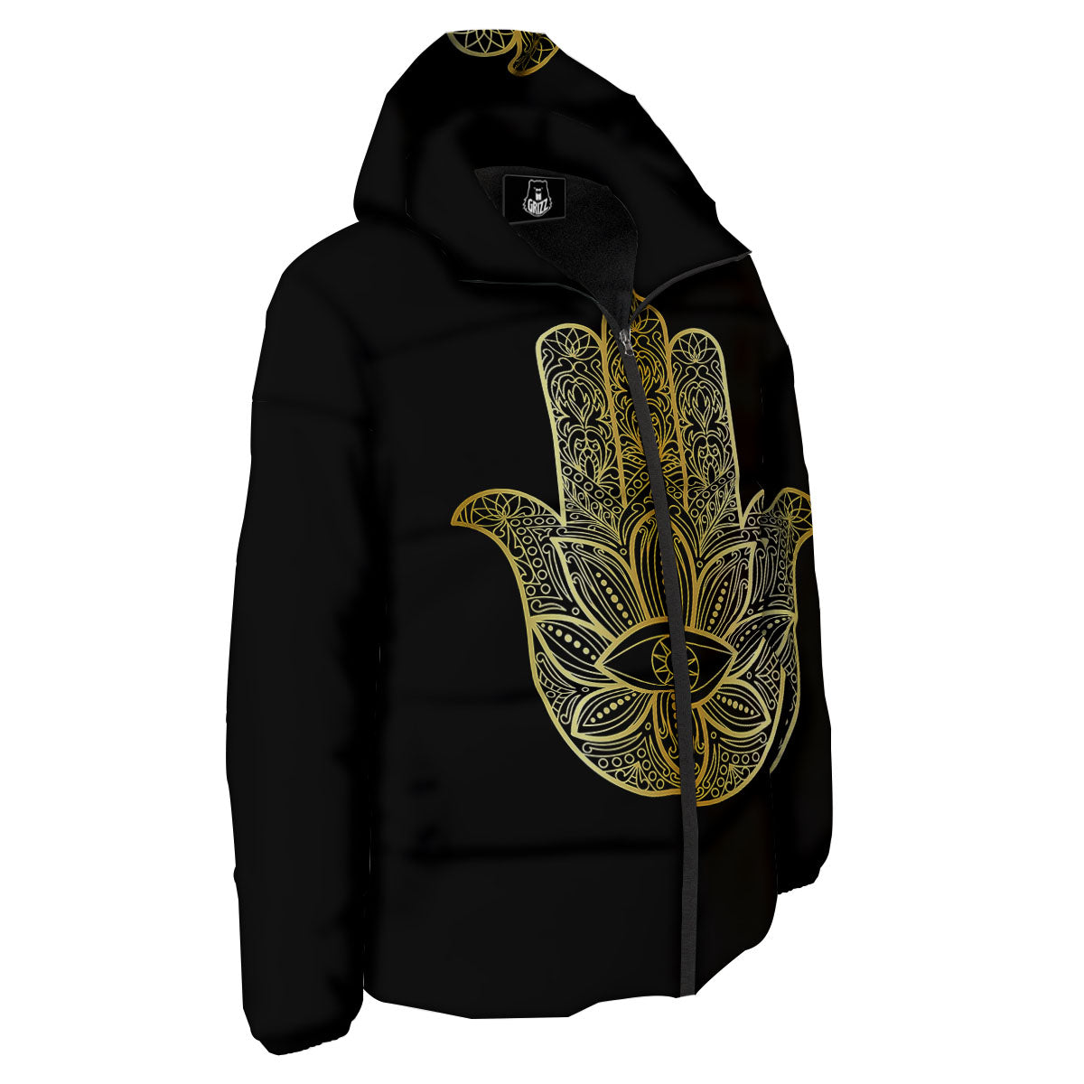 Hamsa Hand Gold Print Down Jacket-grizzshop