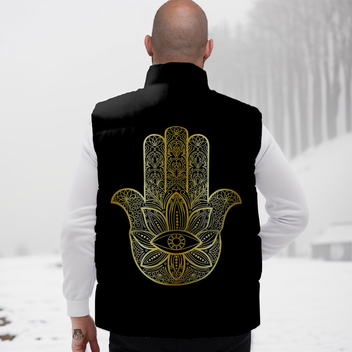 Hamsa Hand Gold Print Down Vest