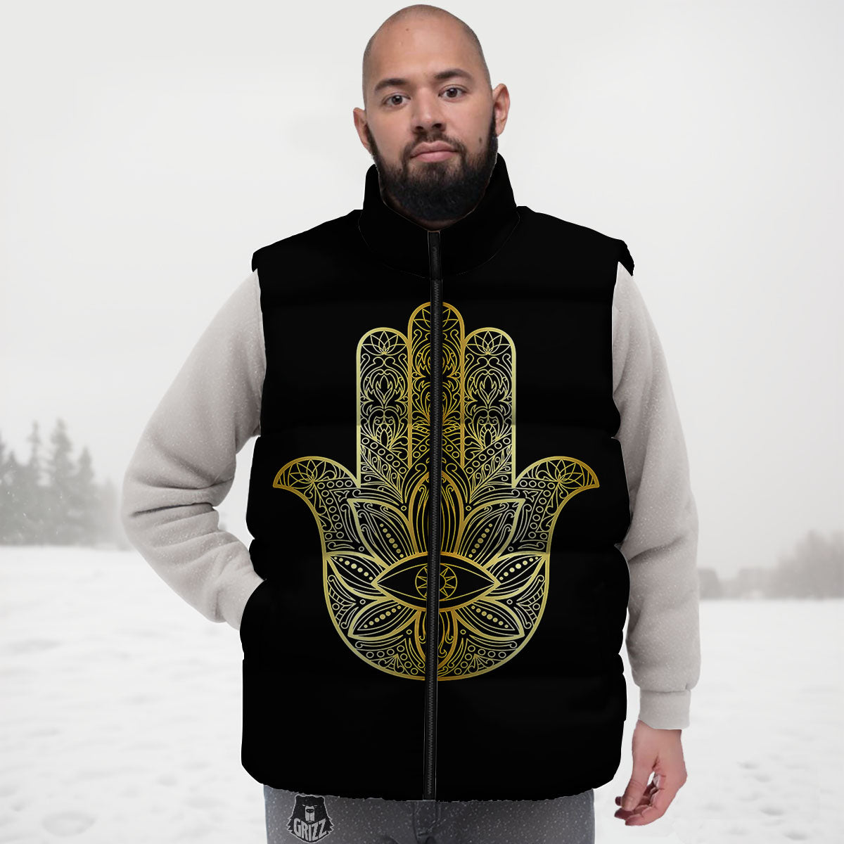 Hamsa Hand Gold Print Down Vest