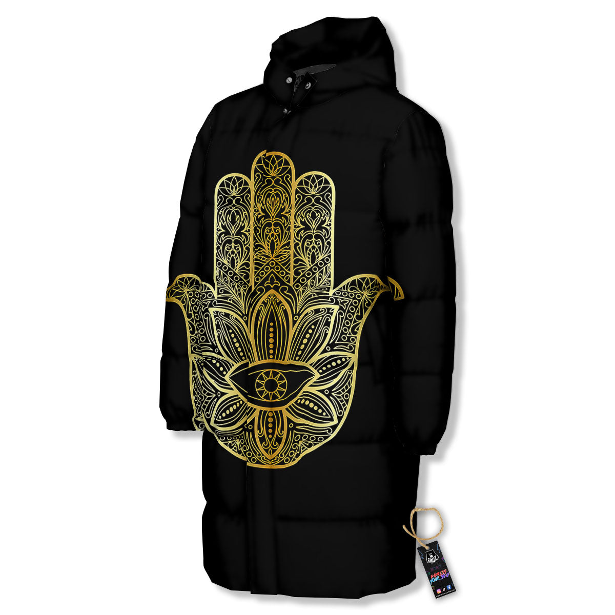 Hamsa Hand Gold Print Long Down Jacket-grizzshop