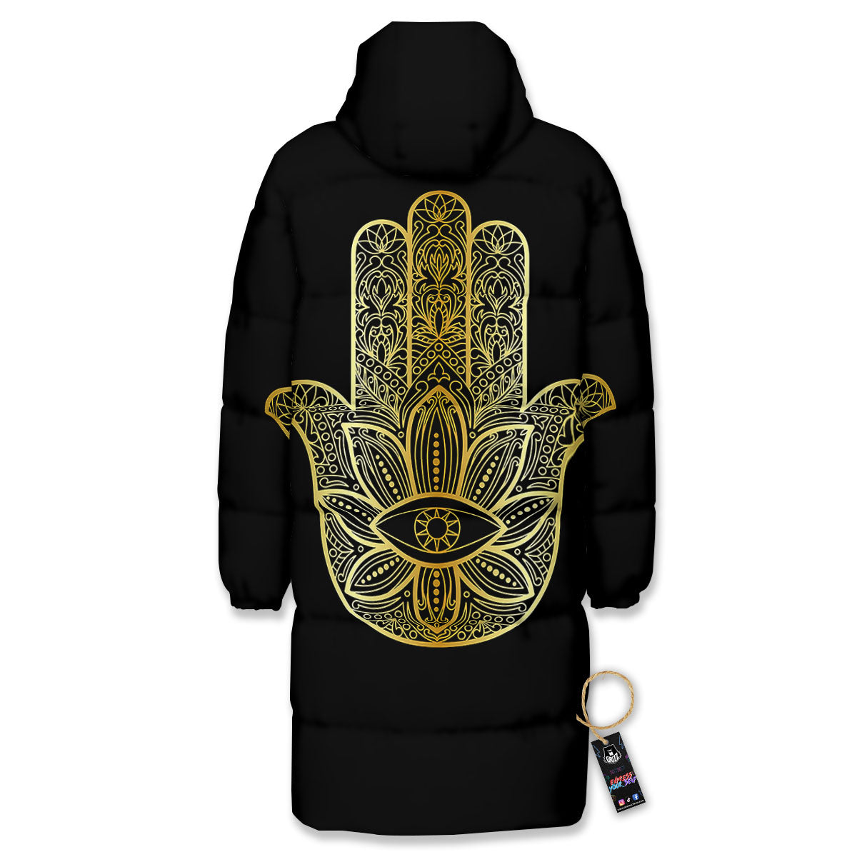 Hamsa Hand Gold Print Long Down Jacket-grizzshop