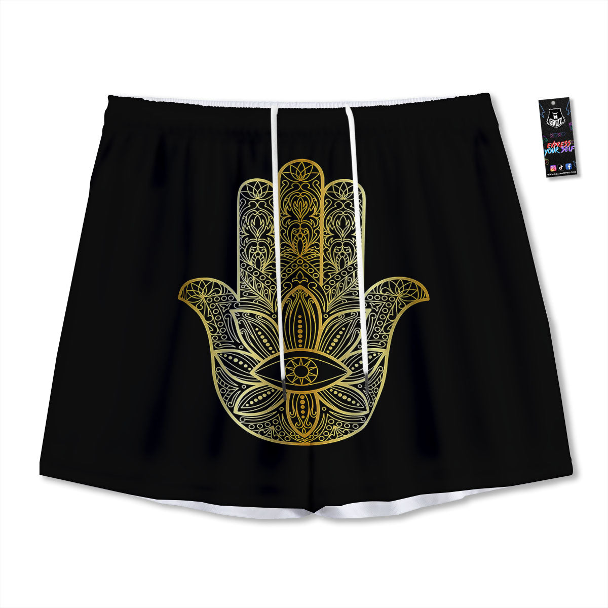 Hamsa Hand Gold Print Mesh Shorts