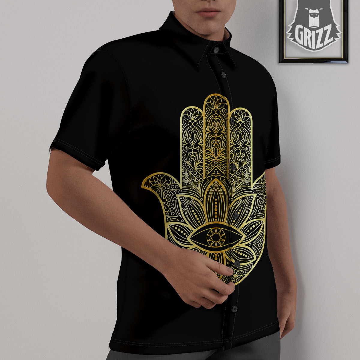 Hamsa Hand Gold Print Untucked Shirts-grizzshop