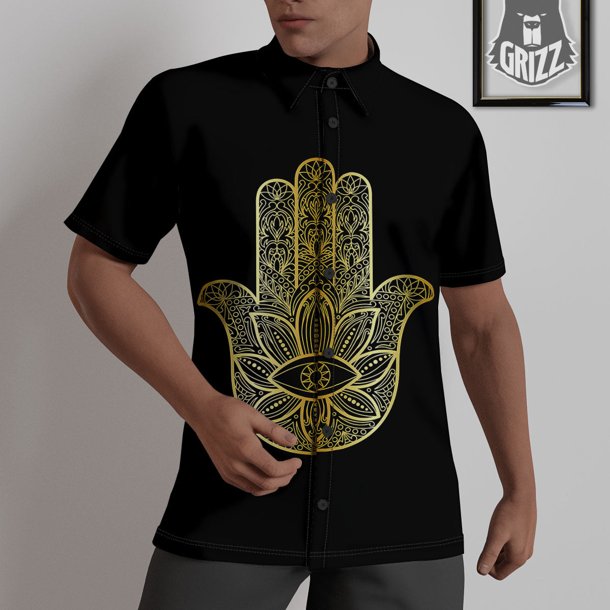 Hamsa Hand Gold Print Untucked Shirts-grizzshop
