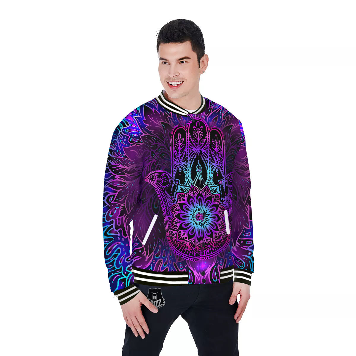 Hamsa Hand Purple Print Baseball Jacket-grizzshop