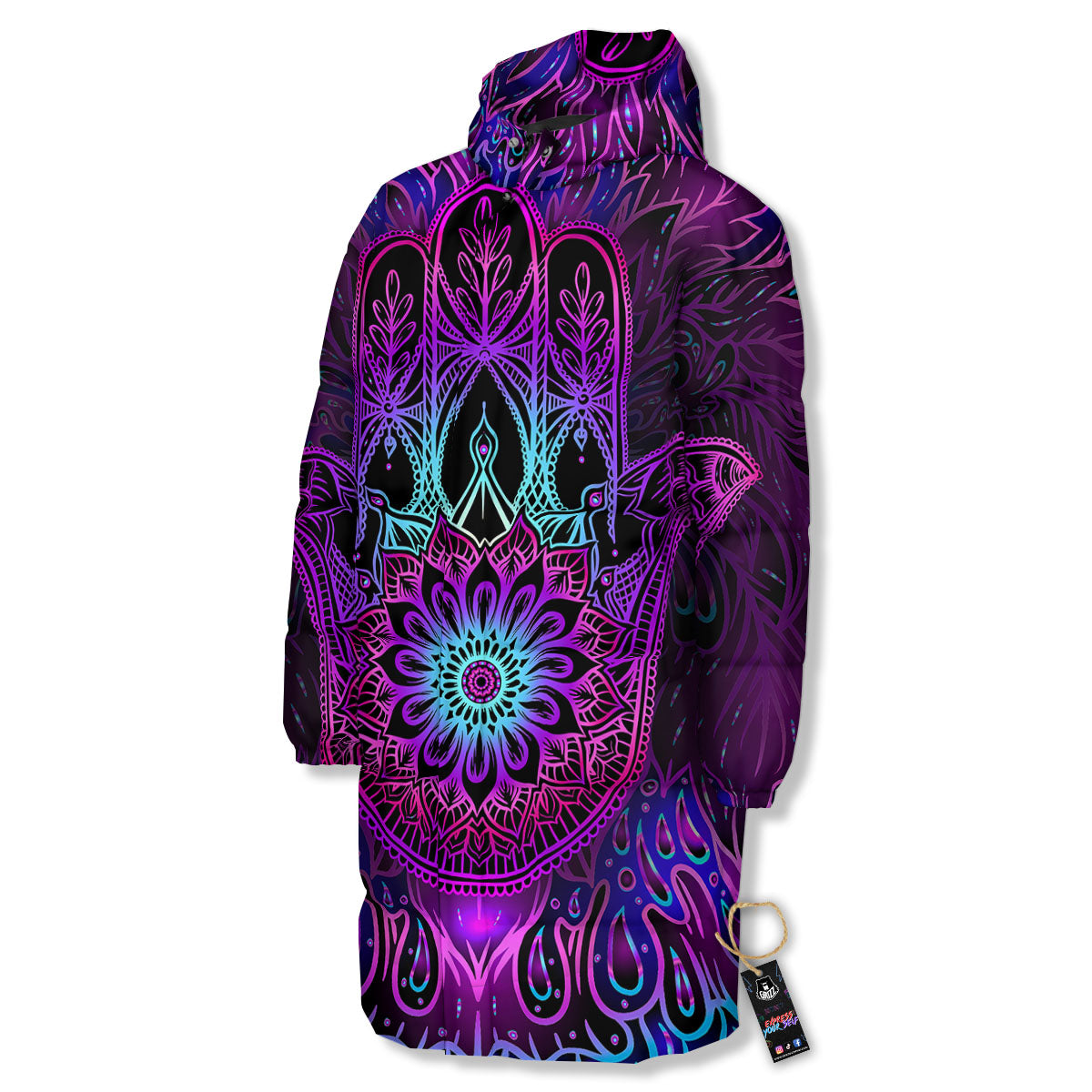 Hamsa Hand Purple Print Long Down Jacket-grizzshop